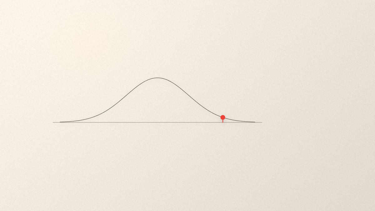 A fine distribution curve with one point marked in red well outside its centre.