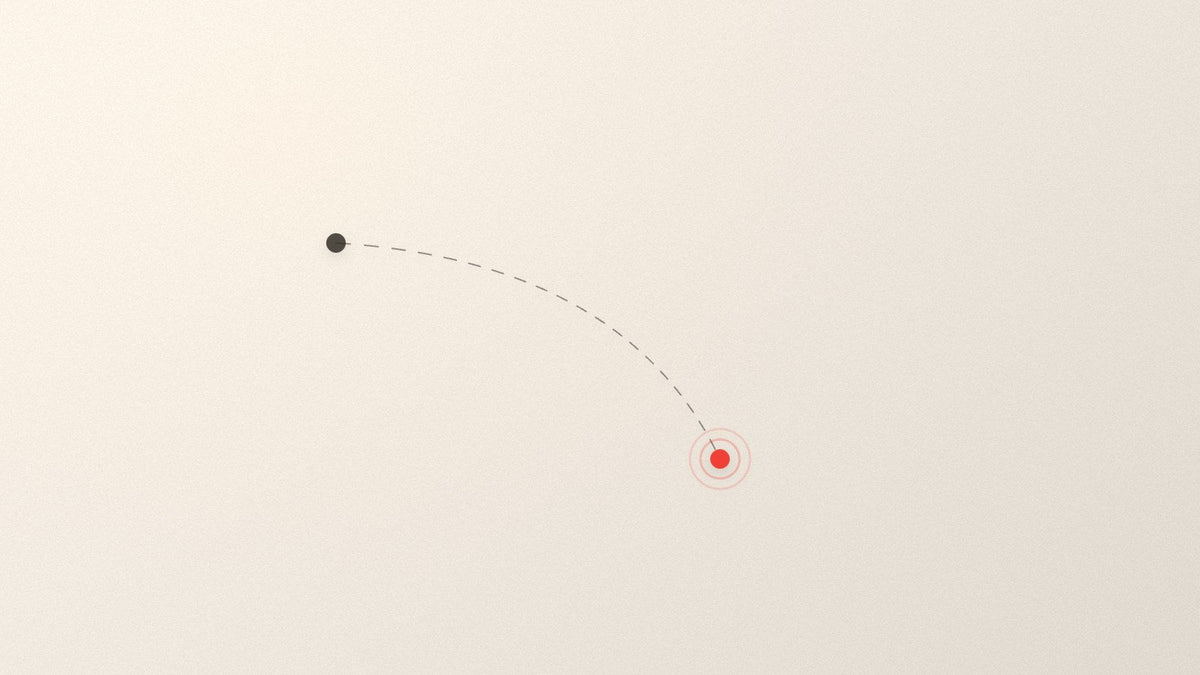 A dashed arc curving from a small dark point to a red one further away.