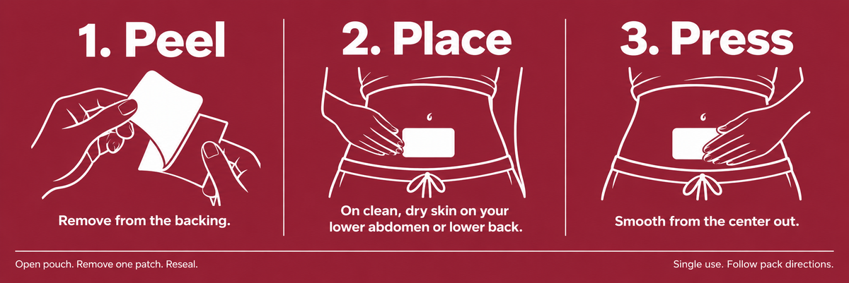 How to apply Cramp Patch: 1. Peel — remove from the backing. 2. Place on clean, dry skin on your lower abdomen or lower back. 3. Press — smooth from the center out. Open pouch, remove one patch, and reseal. Single use. Follow pack directions.