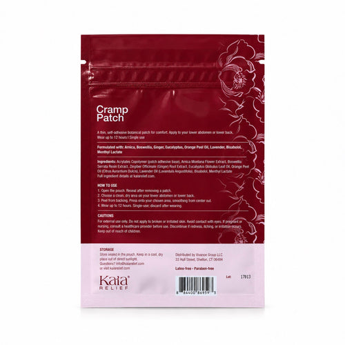 Kaia Relief Cramp Patch pouch, back, with ingredients and directions
