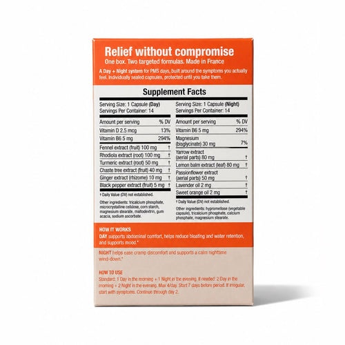 Kaia Relief Cycle System box, back, with Supplement Facts and directions
