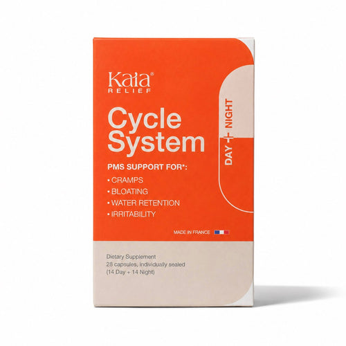 Kaia Relief Cycle System box, front, Day and Night PMS support